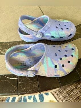 CROCS Kids Tie-Dye Classic Clog — Purple, Teal, Yellow